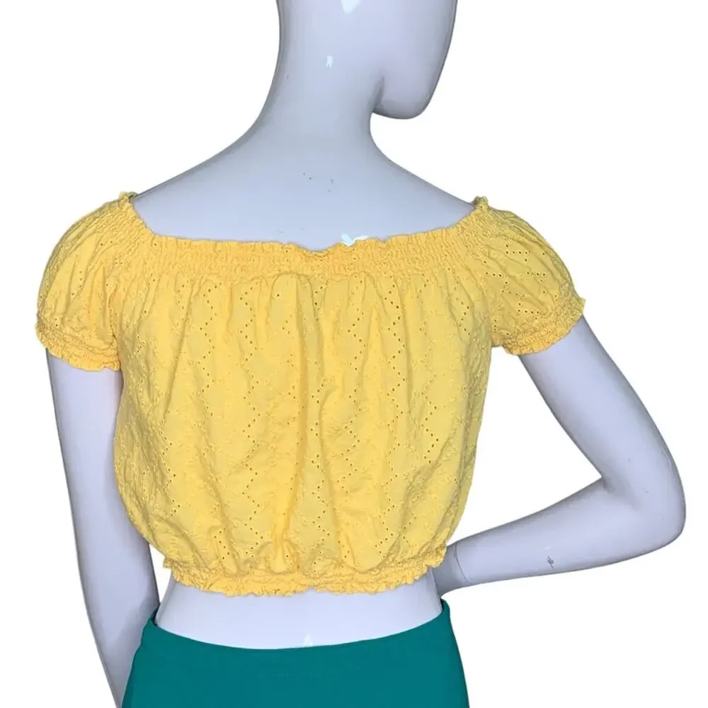 Divided by H&M Crop Top Short Sleeve Eyelet Marigold Size 6 - Picture 4 of 9